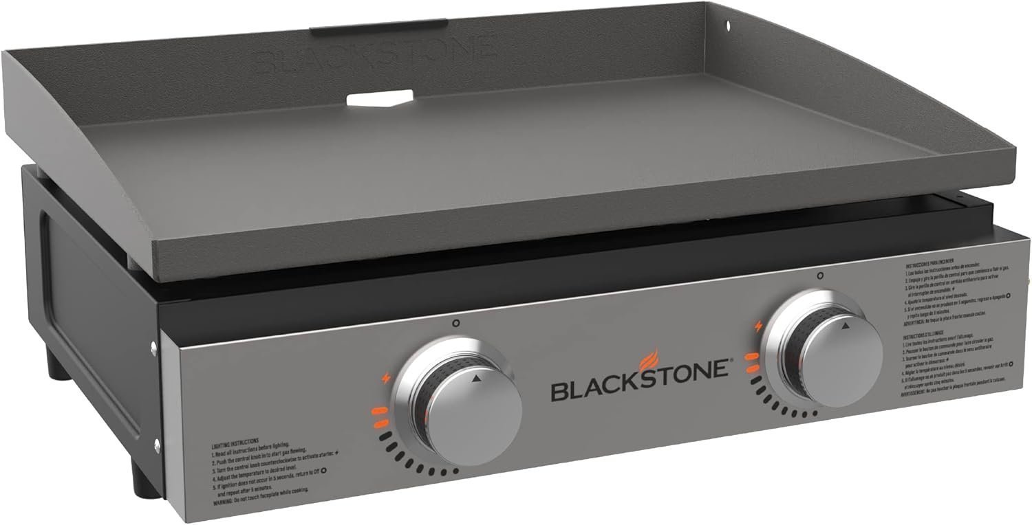 61-7hTvmsHL._AC_SL1500-1.jpg Blackstone 22″ Portable Tabletop Griddle – Dual Burner Flat Top Grill, 24,000 BTU Propane with Stainless Steel Faceplate & Rear Grease System - Image 1