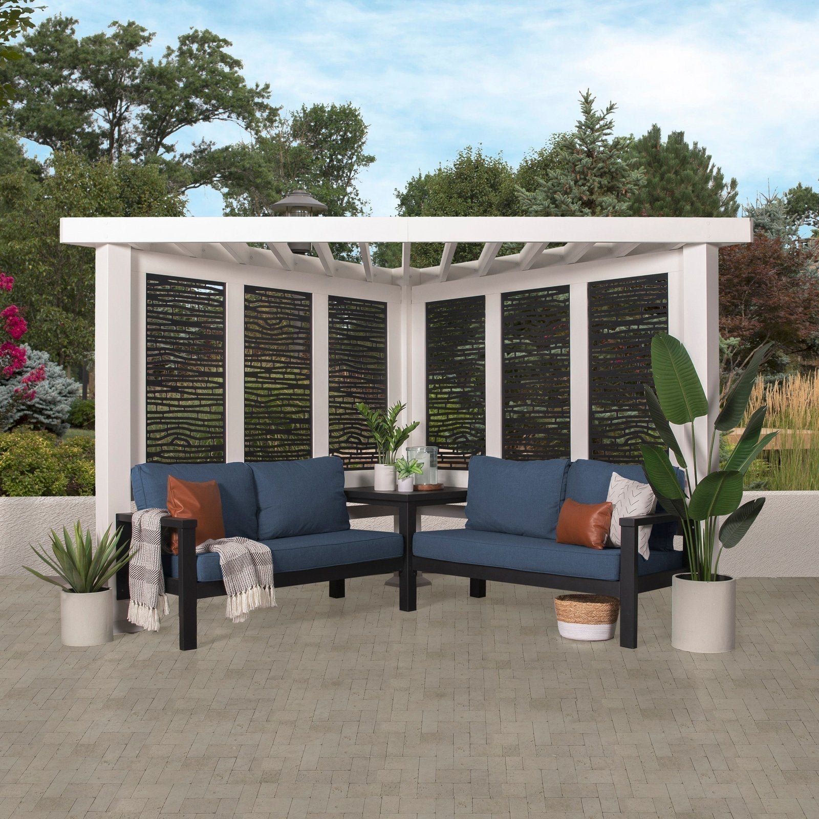 P1AModernWhiteIndigo-1-1.jpg Ridgedale Modern Steel Cabana Pergola with Conversational Seating - Image 1